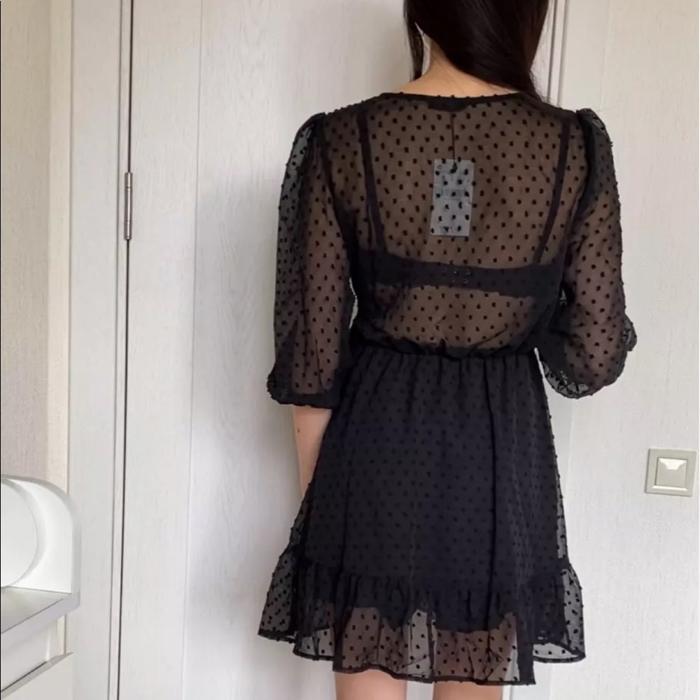 Black SwissDot Side Tie Ruffle Mini Jumpsuit Dress - Picture 12 of 13